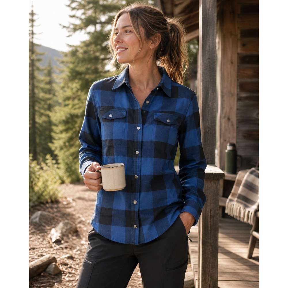 Flylow Brigitte Flannel Shirt Blue Black Buffalo Plaid Snap Front Small S
